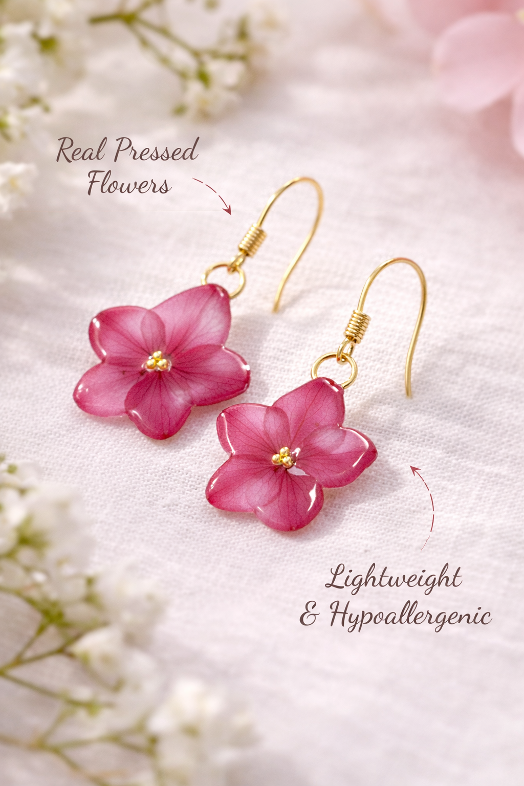 Pink Hydrangea Petal Drop Earrings - Image 2